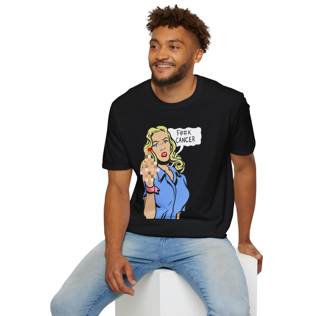 Man wearing a black t-shirt with a bebop cancer graphic design sitting on a white stool.