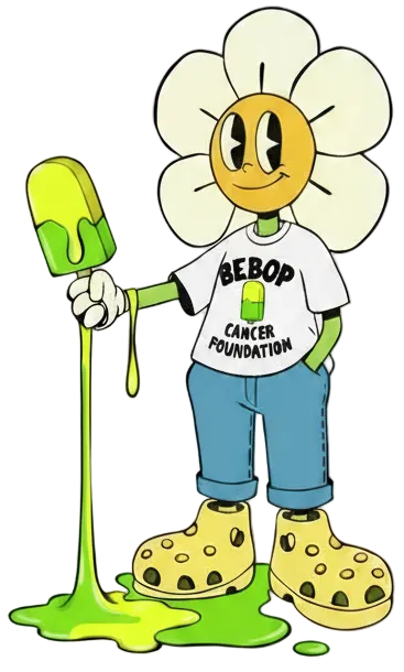 Cartoon character with a flower design holding a green object on a white background