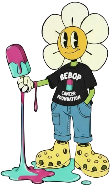 Cartoon character with a flower head holding a popsicle on a white background